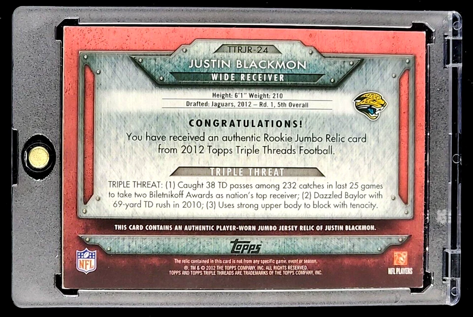 2012 Topps Triple Threads Rookie Jumbo Relics #TTRJR24 Justin Blackmon RC /99 - Image 2 of 4