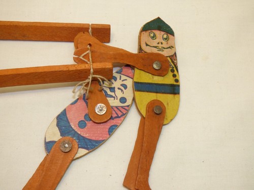 Antique Palmer Cox Brownies Paper Litho & Wood Acrobat Trapeze Jumping Jack Toy - Picture 4 of 9