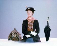 Julie Andrews Mary Poppins sitting on cloud with umbrella and carpetbag Poster