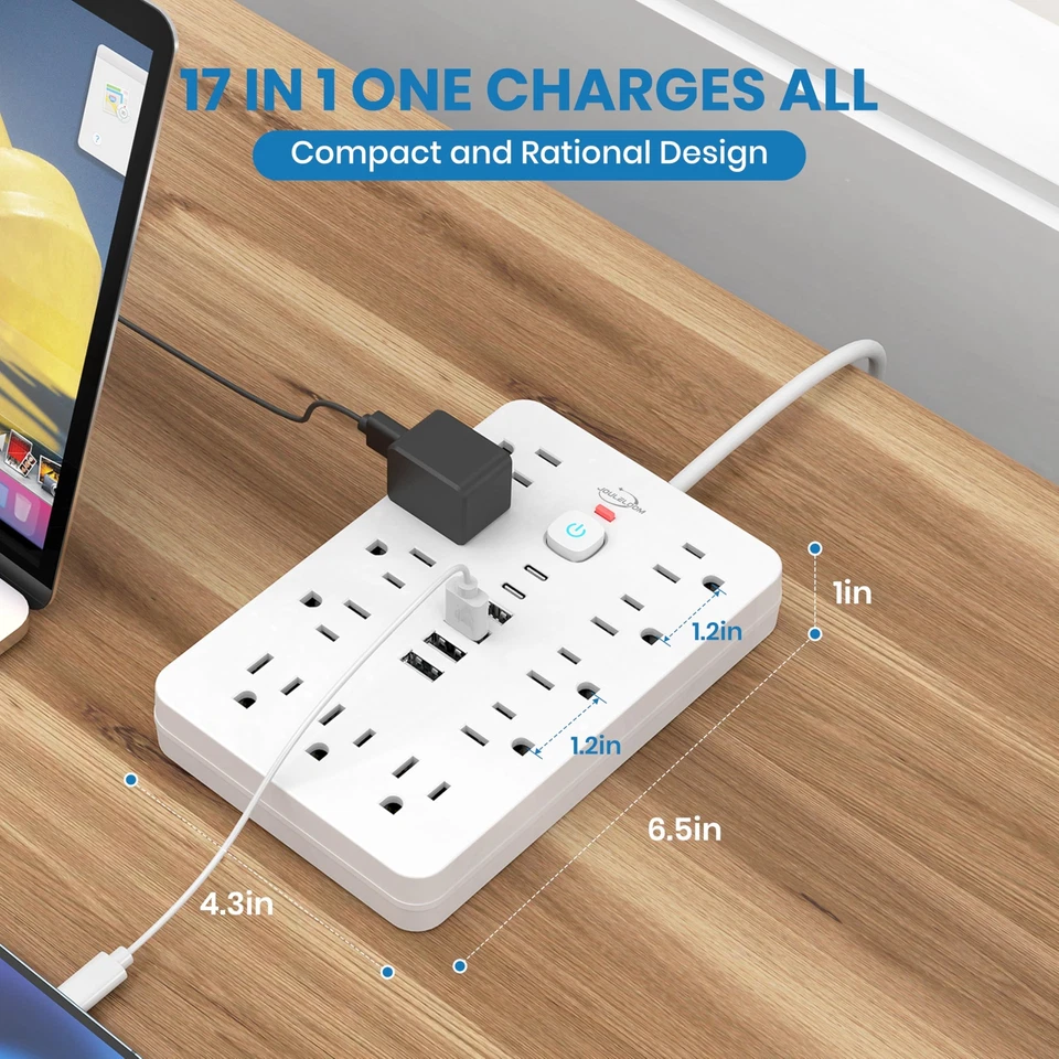 Power Strip Surge Protector with 11 Outlets 4 USB and 2 USB C Ports White 2 Pack - Image 2 of 4