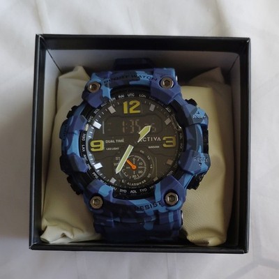 Activa Men's Analog-Digital Dual Time Quartz Sport Watch WR50M Blue/Black Camo