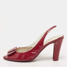 Salvatore Ferragamo Vara Bow Size 39 Red Patent Leather Peep Toe Slingback Pumps