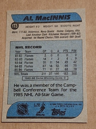 1986-87 AL MACINNIS TOPPS NHL HOCKEY CARD #173 CALGARY FLAMES - Picture 2 of 2