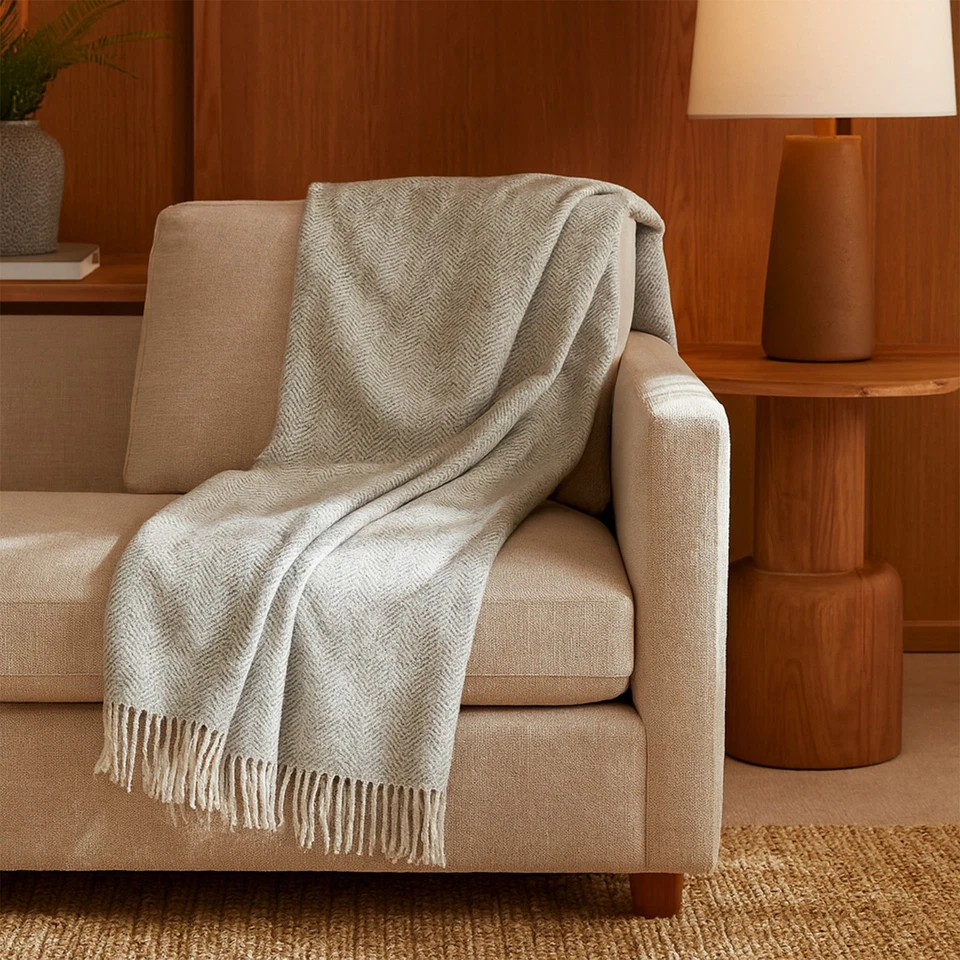 Ash Grey Wool Herringbone Bed Cover Quilt – Premium Wool Luxury Bedroom Decor - Image 2 of 4