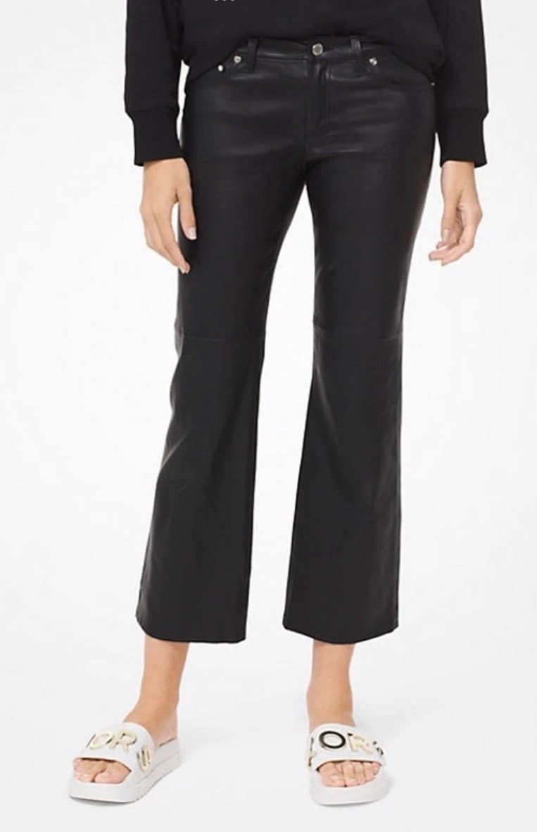 Michael Kors Izzy Lambskin Cropped Straight Pants Black Leather Size 10 NWT image 5