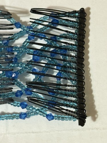 Vintage Mid Century Doppel Metall Kamm Perlen Dutt Haarspange Stretch Blau - Bild 7 von 7