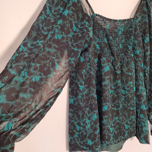 NWT ISABEL MATERNITY Sz L Green Black Floral Chiffon Blouse Sheer LS Pucker Back - Picture 12 of 14
