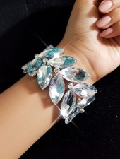 Clear Silver Rhinestone Stretch Bracelet Statement Drag Pageant Prom Bridal