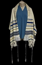 Vintage Jewish Tallit Prayer Shawl Blue Gold Stripes Tzitzit with Bag
