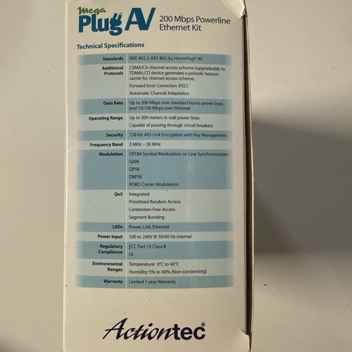 Actiontec MegaPlug AV 200Mbps Powerline Network Adapter Kit RJ-45 HLE20043-01KP - Picture 4 of 4