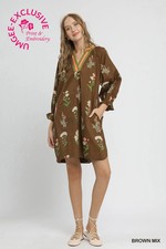 Umgee Womens Brown Tunic Floral Cotton Dress S