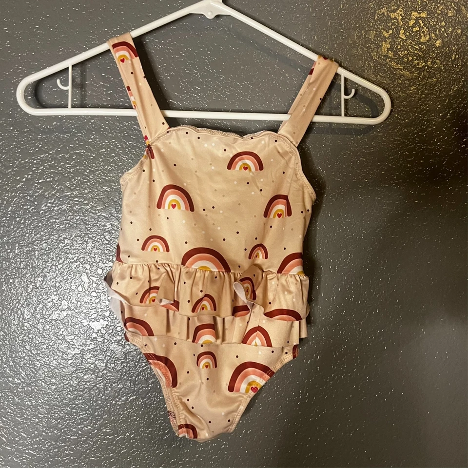 Traje de baño de una pieza con volantes arco iris para niñas - beige estampado multicolor (Est. Talla 4/5) Foto 4 de 4