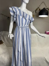 Reneec. Off Shoulder White And Blue Jumpsuit Pre Owned