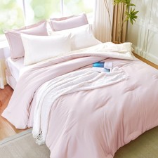 Full Size Comforter Sets for Girls, Pink and White Comforter Reversible, 7 Pi...
