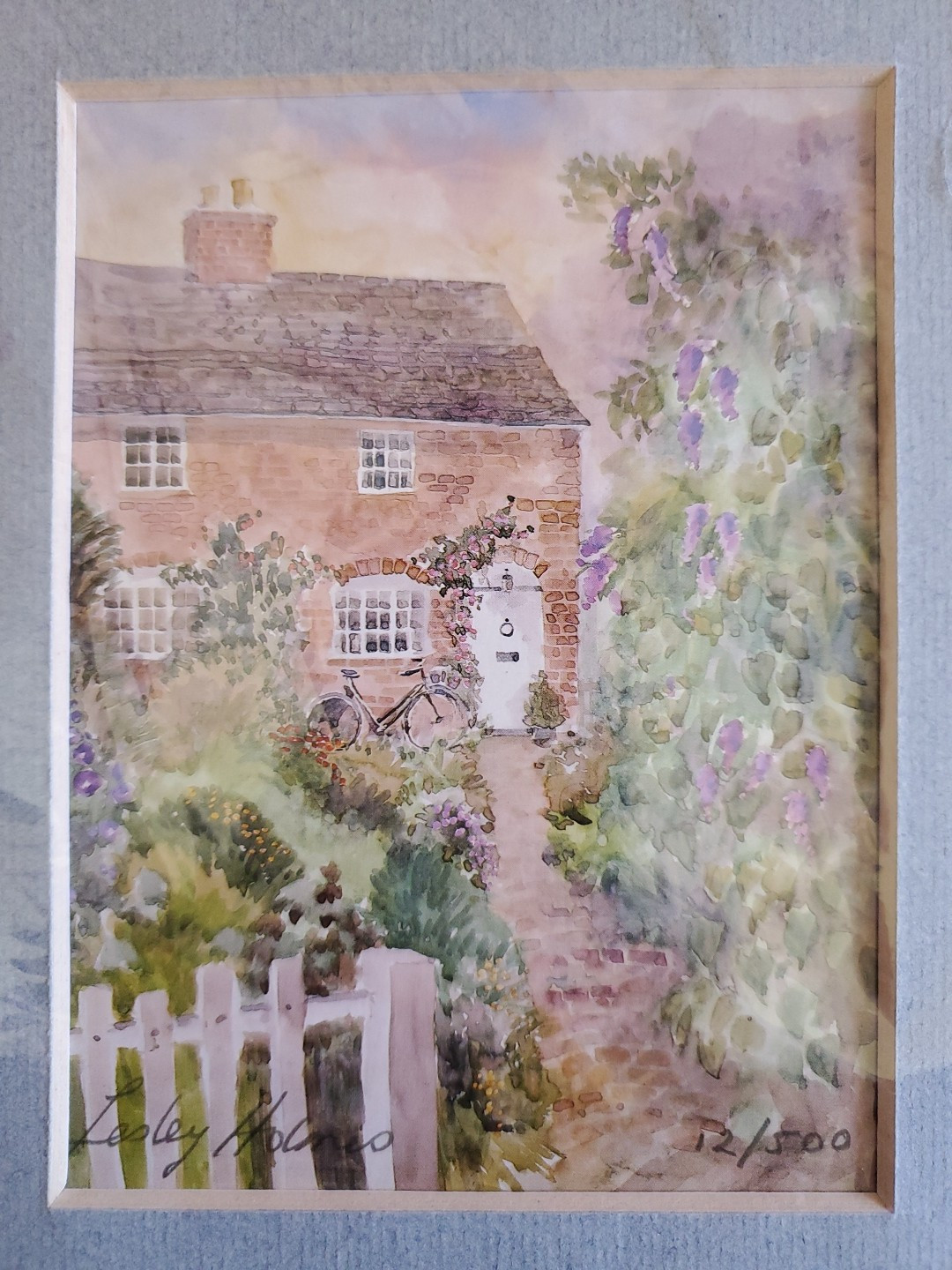 Lesley Holmes Mini Watercolor Cottage with Flowers Print 12/500 Signed Artwork