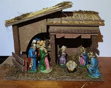 Vtg Sears Nativity Set -Made In Italy 7 Figures Real Wood Moss Stable Manger BOX