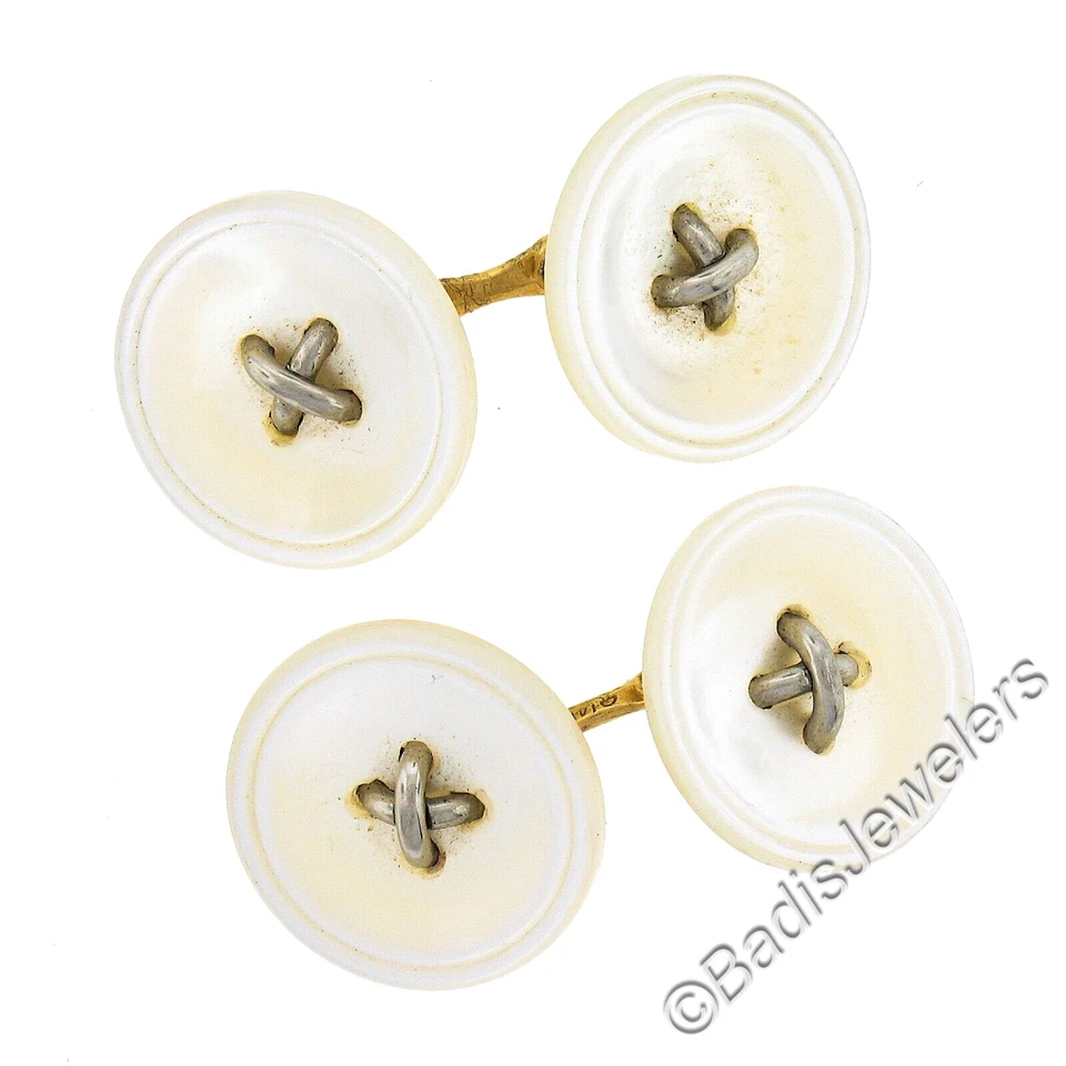 Gemelos botones redondos antiguos de madreperla blancos tallados en oro de 14k de 14,6 mm Foto 2 de 4