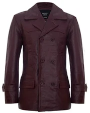 Mens Burgundy Cow Hide Leather Jacket Dr Who Naval German Pea Coat