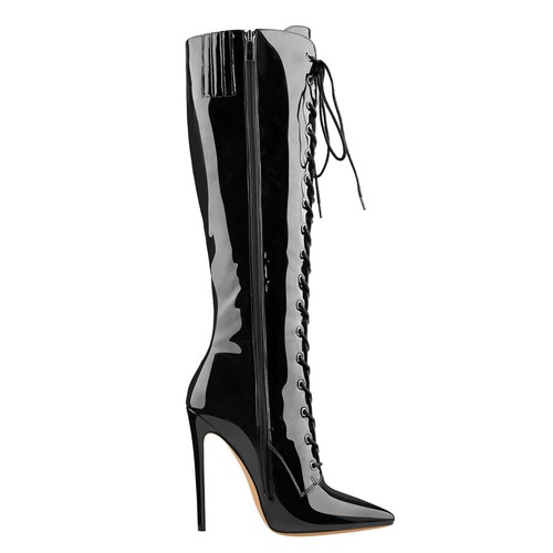 Onlymaker Damen Sexy Spitz zulaufend Schnürung Kniehoch Stiletto Absatz Reißverschluss Stiefel - Bild 46 von 73