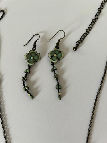 Art Nouveau Style Pendant Necklace & Drop Earring Set Blue Enamel Flowers Brass - Picture 3 of 6