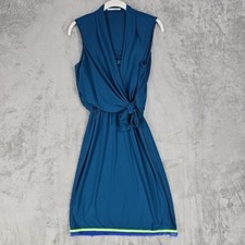 Tahari Faux Wrap Dress Womens Size S Teal Jersey Knit Layered Lined Neon Stripe