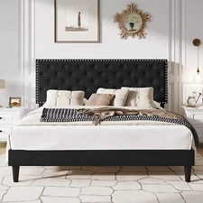 King Size Velvet Bed Frame with Adjustable Diamond Button Tufted Headboard,Black