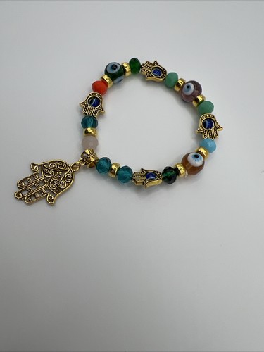 Best Handmade Evil Eye Hamsa Blue Beaded Charm Stretch Bracelet Hand of Fatima - 第 6/7 張圖片