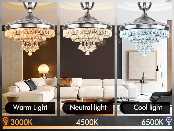 42" Chrome Crystal Chandelier Retractable Ceiling Fan Remote 3-Color LED Light - Image 3 of 4