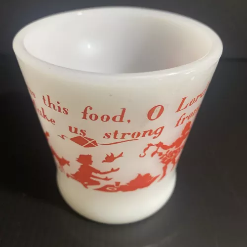 Vtg Fire King  Child's Daily Prayer This Food O Lord We Pray Milk Glass Mug USA