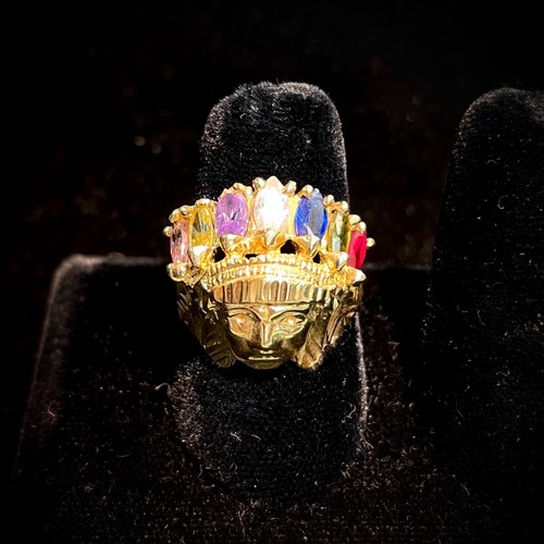 14k Yellow Gold Multi Color CZ Indian Chief Native American Head Ring Size 8.5 - Afbeelding 1 van 4