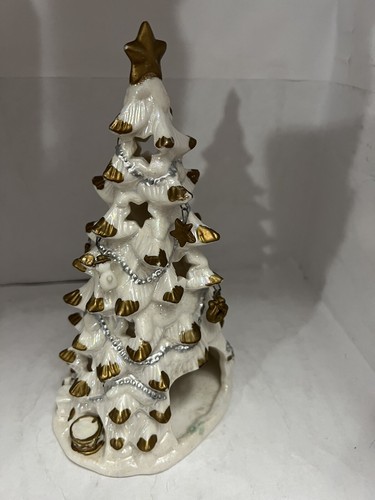 Holiday Style 8” Ceramic Christmas tree tea light holder dangling ornaments Gold - Bild 8 von 8