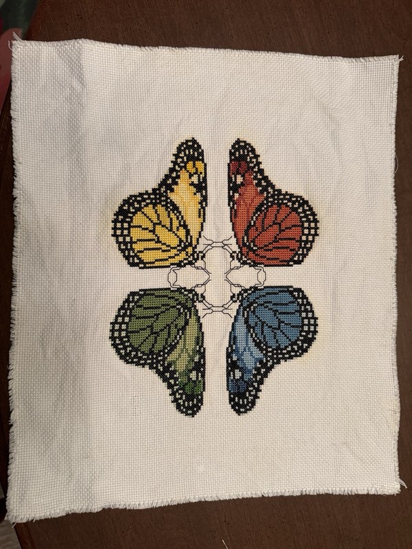 Butterflies Counted cross stitched finished picture Approx 13”X 11.5” Unframed