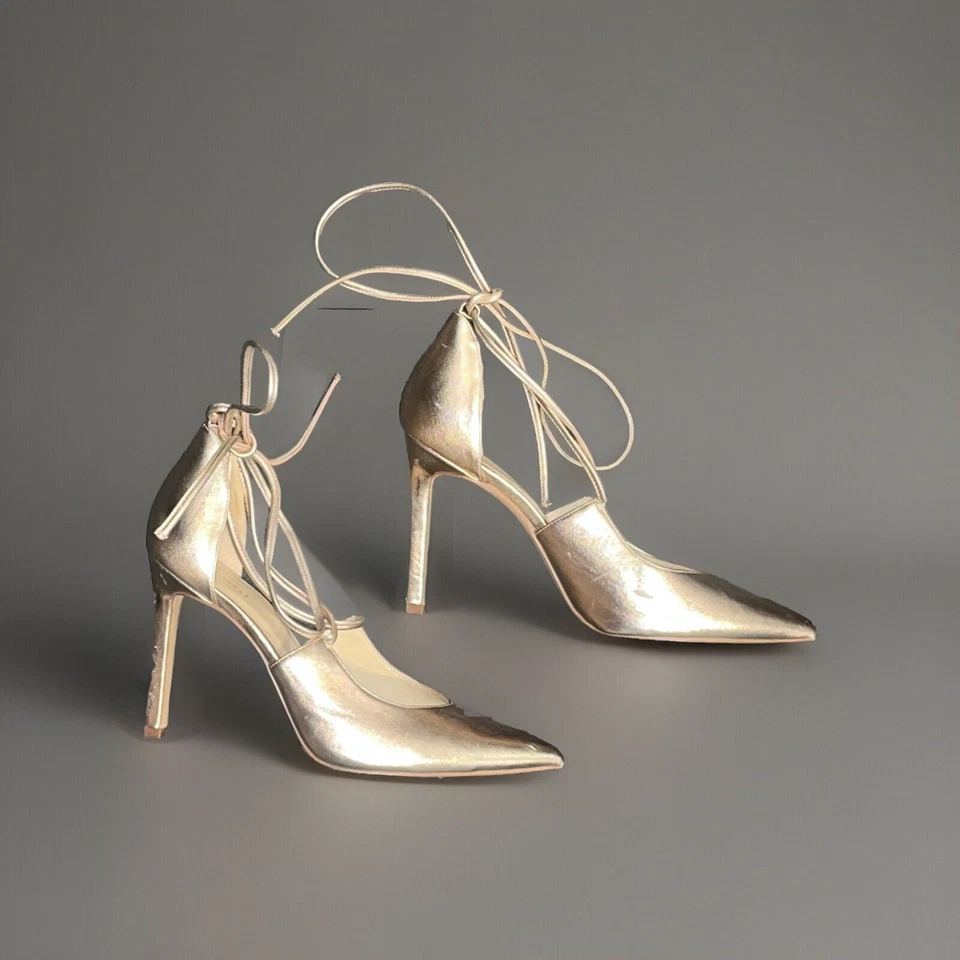 Zapatos de salón Nine West 12M dorados Glam D'Orsay tacón de aguja 10UK 44EU tiras gladiador Foto 3 de 4
