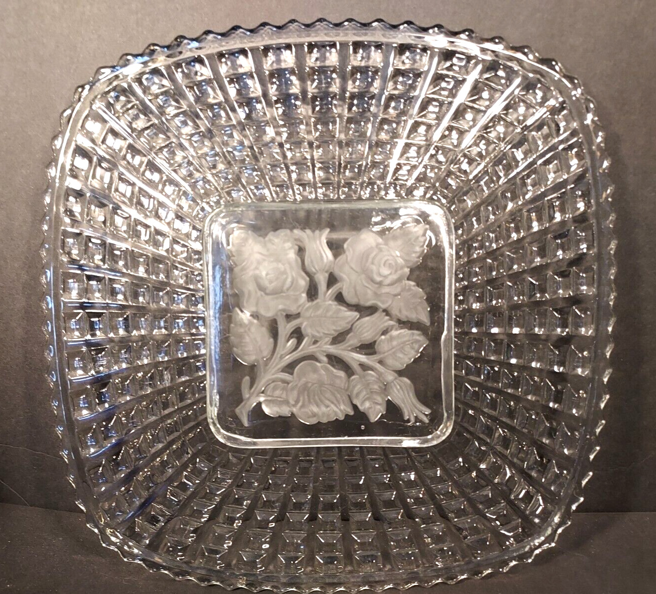 Imperial Glass 11" Sq, Plate Clear Radiant Waffle Block Embossed Floral Center