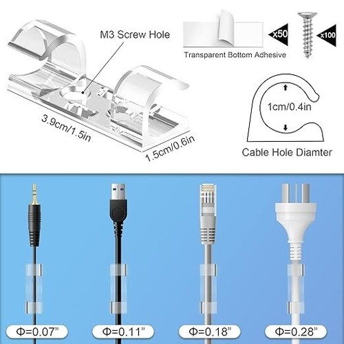 50Pcs Self-Adhesive Tidy Wire Clips Transparent Cable Organiser Cord Holder - 第 4/9 張圖片