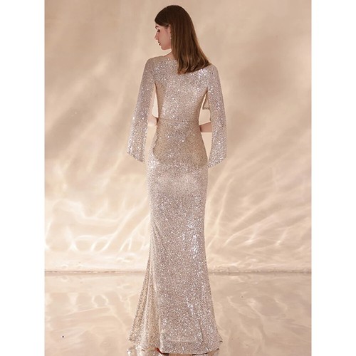 Women Sequin Evening Dress Elegant Half Sleeves Party Maxi Dress Long Prom Dress - Picture 3 of 11