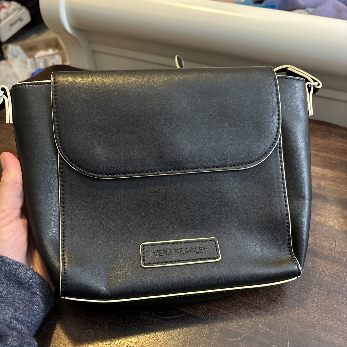 Vera Bradley BLACK Carryall Small Leather Type Crossbody Bag Purse