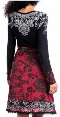 Desigual Long sleeve red and black dress with white print