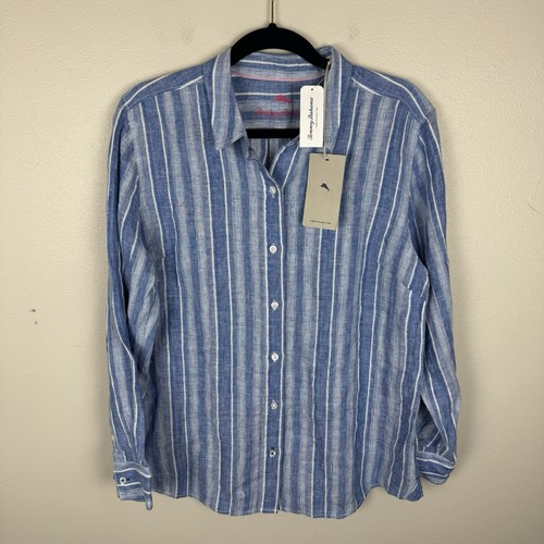 Tommy Bahama Women's Santiago Stripe Linen Blend Shirt Top Blouse Size L Large