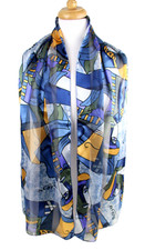 13.5"x60" Picasso BLUE MULTICOLOR POLYESTER HANDROLLED SCARF SHAWL WRAP B46