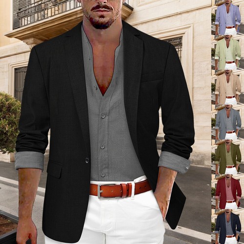 Men Long Sleeve Suit Blazer Jacket Coat Dress Casual Holiday Button Pocket Party