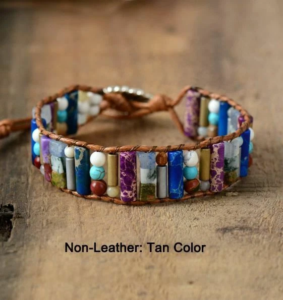 Women Tube Shape Natural Stone Single Leather Wrap Bracelet Semi