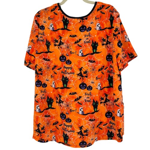 Scrubstar Size 2XL Halloween Witch Medical Orange Stretch Scrub Top NWT - Picture 2 of 5