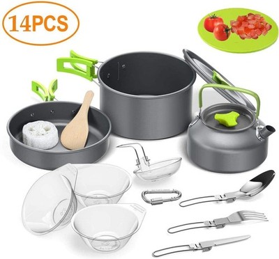 14Pcs Portable Hiking Picnic Cooking Teapot Pan Pot Outdoor Cookware Camping Set