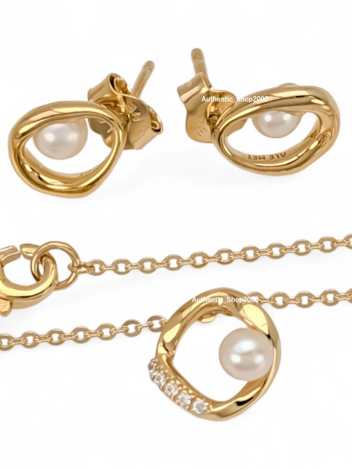 New 100% PANDORA 14K Gold Org Sparkle Pearl Necklace Earrings Jewlery Gift Set - Image 3 of 4