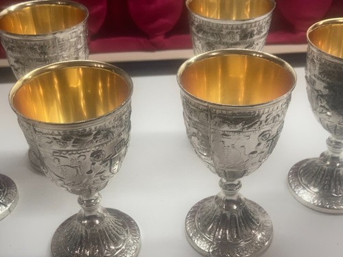 Vintage Ornate Crest silver and gold tone Metal mini Cordial goblets set of 6 - Picture 12 of 14