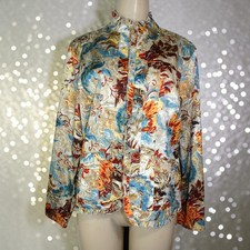 Chicos Additions Jacket Sz 1 M 8 10 Beige Red Blue Floral Sateen Ruffle Trim
