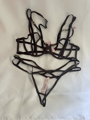 Victorias Secret Faux Leather Very Sexy Open-Cup Balconette Bra Thong Set Brown