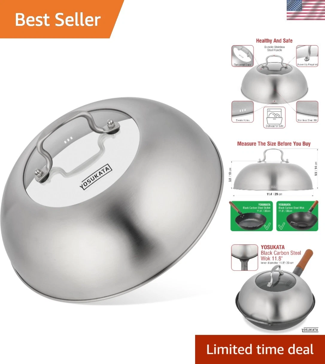 Wok Lid 11.4 In - Stainless Wok Cover with Tempered Glass Insert Steam Holes...