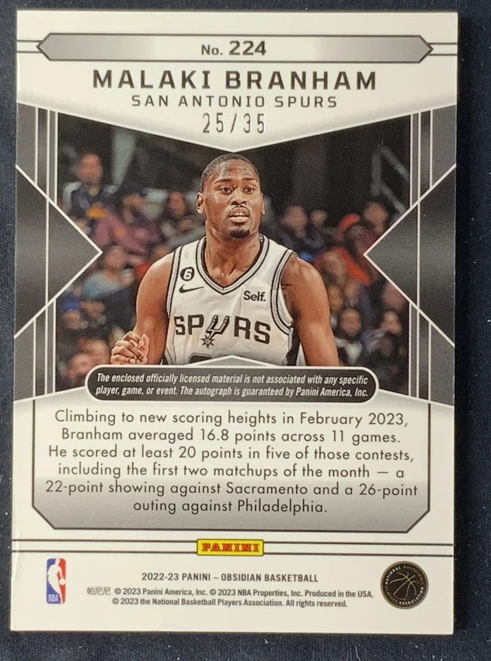 2022-23 Obsidian 3 Color Patch Auto True RPA Malaki Branham Orange /35 Spurs PC1 - Image 2 of 2